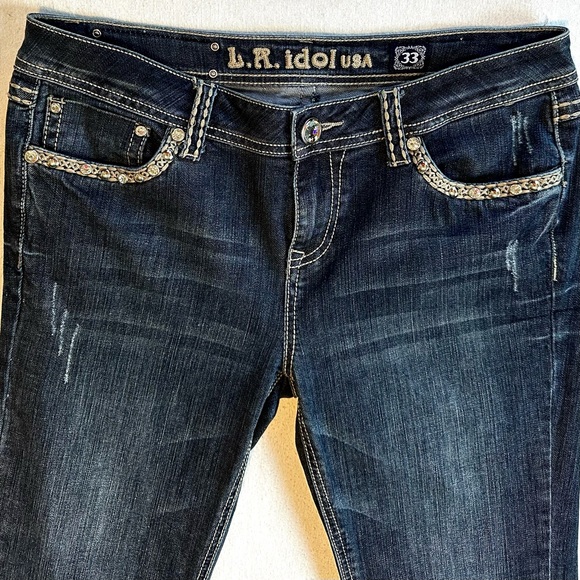 LA IDOL Y2K BOOTCUT BLING FLAP POCKET DISTRESSED RODEO FESTIVAL JEANS Sz11 33/34 - Picture 5 of 12
